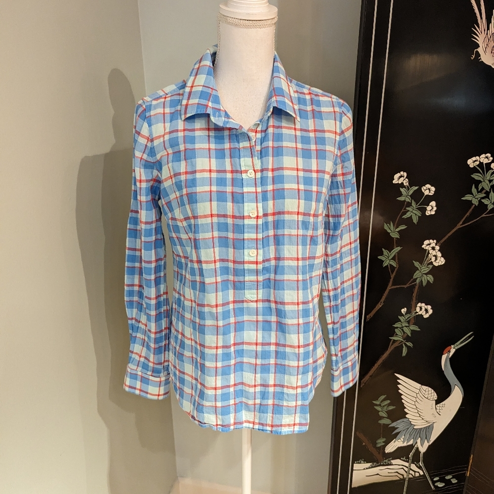 Vineyard Vines Wm's 8 Burgee Plaid Popover Button Neck Long SLV Top Blue Red 128